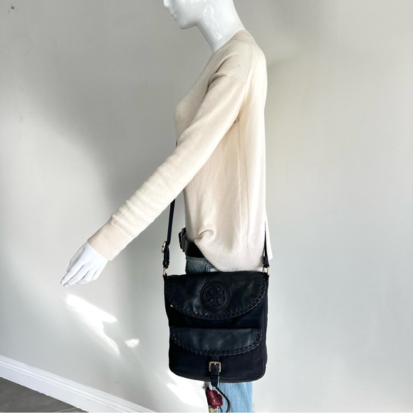 TORY BURCH Black Nylon Pebbled Leather Front Logo Tote Shoulder Bag Crossbody - Picture 8 of 16